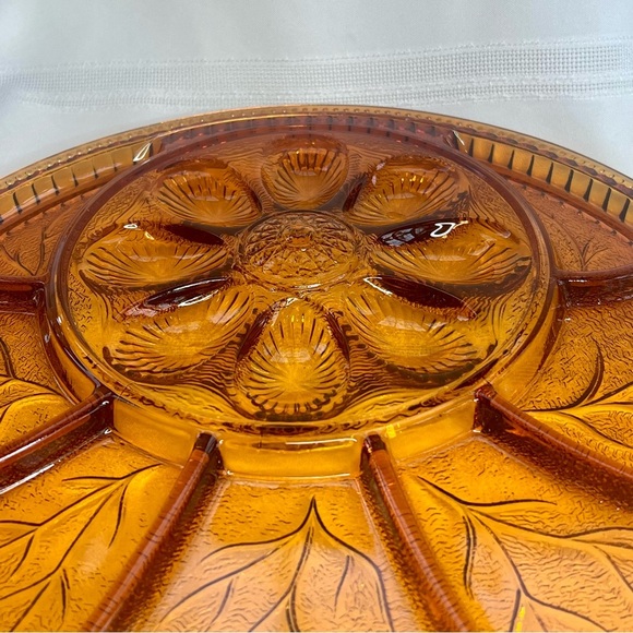 Egg Plate Relish Plate Round Amber Pebble Leaf by Indiana Glass VTG Discontinued - Picture 7 of 11
